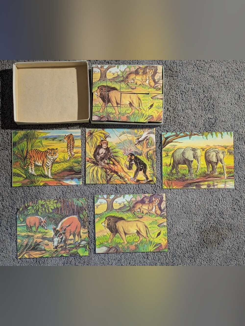 Vintage Wild Animal Cube Puzzle Complete 20 Blocks Boxed + Cards For Collectors
